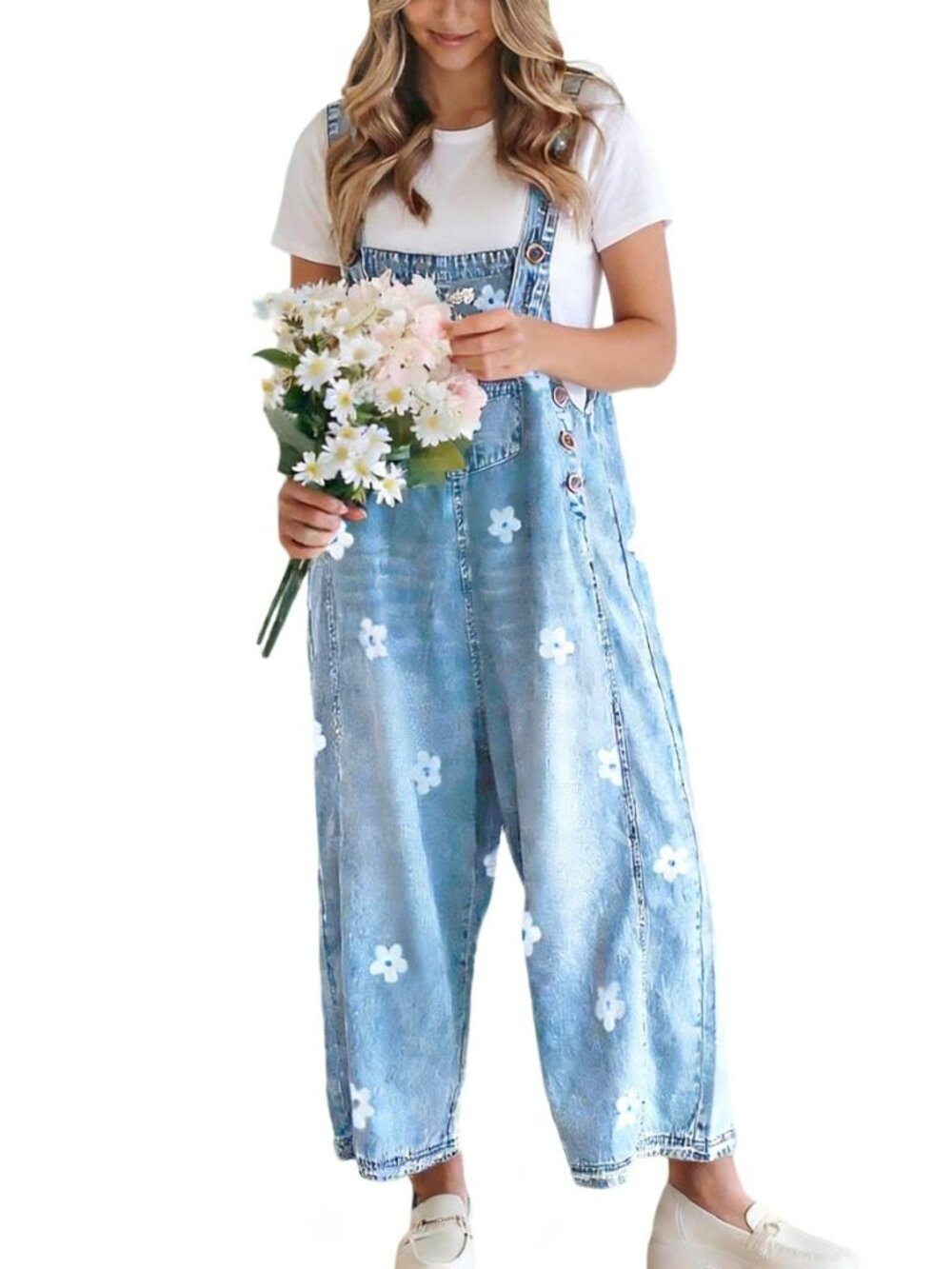 Women Floral Printed Adjustable Strap Denim Bib Overall Wide Leg Jeans Casual